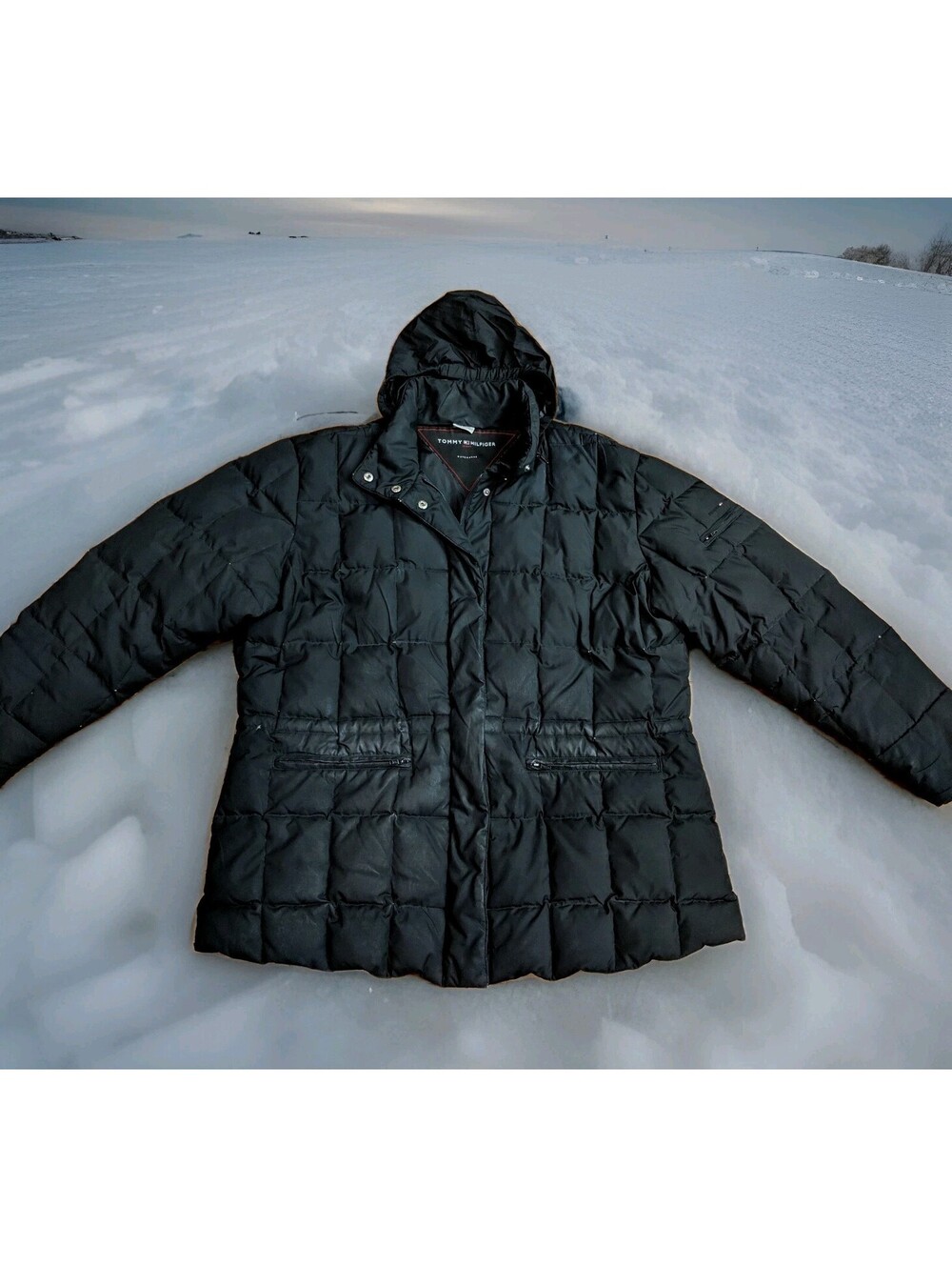 Tommy Hilfiger Down Puffer Jacket Black Womens XXL 2XL Winter Hooded Quilted
